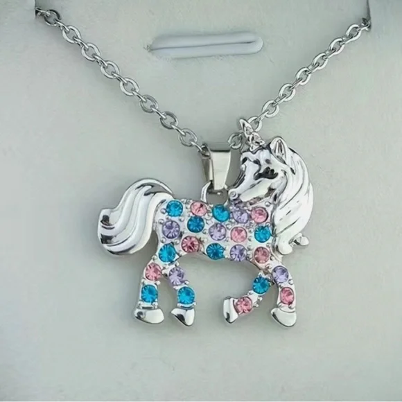 Silver Rhinestone Unicorn Pendant Necklace - Picture 2 of 3